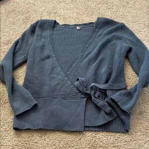 Elegant Ribbed Wrap Cardigan - Slate Blue Margaret OLeary Size XS